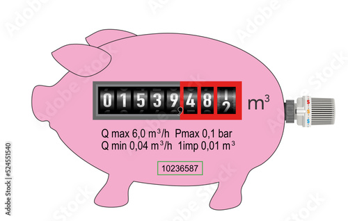 Sparschwein in rosa mit Thermostat und Gaszähler,
Vektor Illustration isoliert auf weißem Hintergrund

