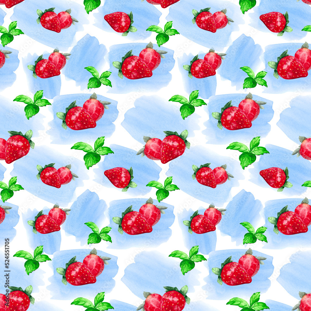 Watercolor background with ripe strawberries, green mint and blue spots. Seamless pattern for bright colorful wallpapers, menus, textiles, packaging, office and bed linen. Watercolor background with ripe strawberries, green mint and blue spots. Seamless pattern for bright colorful wallpapers, menus, textiles, packaging, office and bed linen.