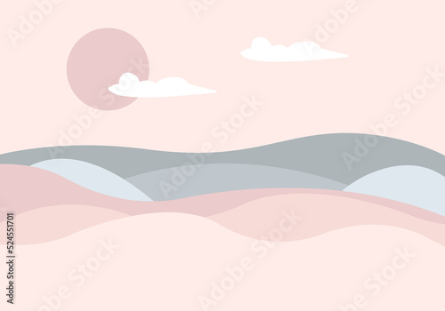 Mountains, sun and clouds. For children's wallpapers, decor, web banners, posters. Vector illustration. Children's wallpaper. Hand drawn in scandinavian style. Mountain landscape.