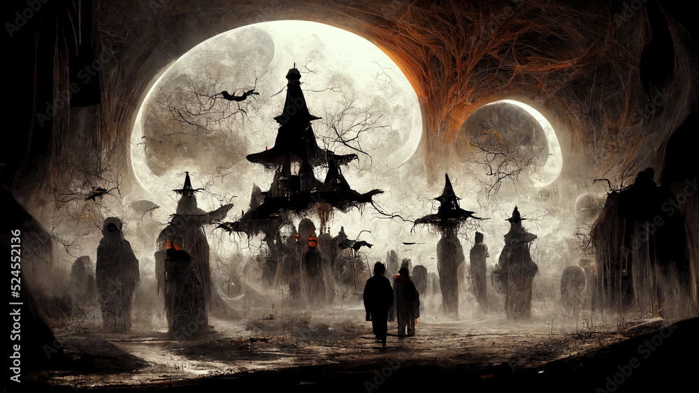 Halloween background with scary pumpkins, Dracula's castle and silhouettes of flying bats against full moon. Hi tech. AI.