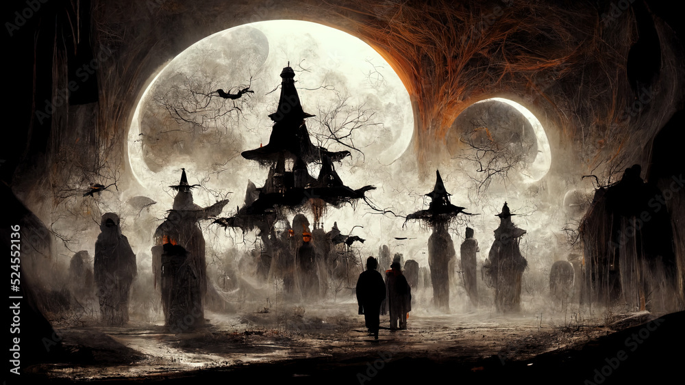Halloween background with scary pumpkins, Dracula's castle and silhouettes of flying bats against full moon. Hi tech. AI. Halloween background with scary pumpkins, Dracula's castle and silhouettes of flying bats against full moon. Hi tech. AI.