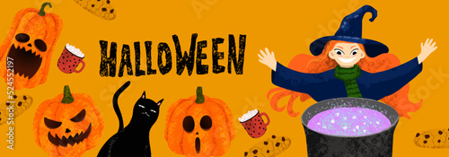 Banner for Halloween with witch cooking the potion in the cauldron. Carved pumpkin, mug of hot chocolate, cookies, black cat on orange background. Hand drawn illustration © Morena