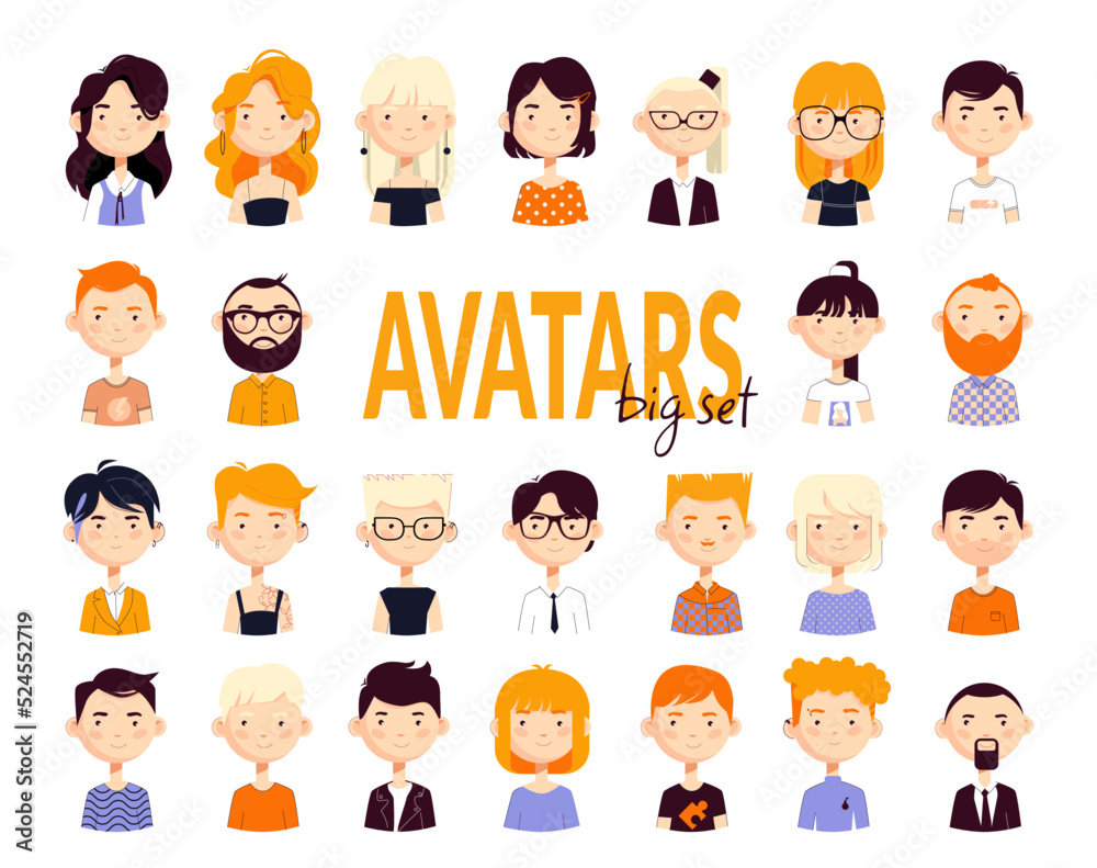 A large set of cute chubby avatars of a man and a woman with short and long hairstyles, beards, mustaches. Vector illustration isolated on white background. A large set of cute chubby avatars of a man and a woman with short and long hairstyles, beards, mustaches. Vector illustration isolated on white background.