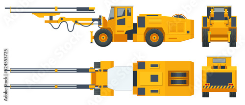 Tunneling drilling rigs, self-propelled drilling rigs. Bucket-wheel excavator, heavy equipment used in surface mining. Mining quarry, mine. View front, rear, side and top.