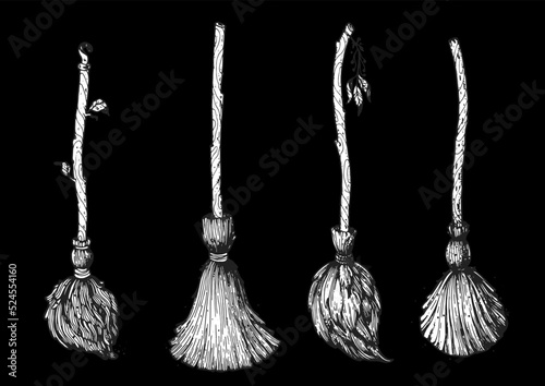 Witch's broom collection. Hand drawn vector illustration.Broom magic. Broomstick sketch set. Wooden vintage broom. Traditional Halloween symbol