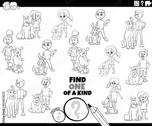 one of a kind game with cartoon kids and dogs coloring page