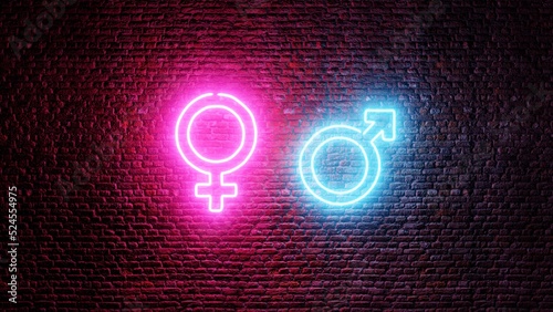 Neon gender sign on brick wall. Gender icons. Neon signs.