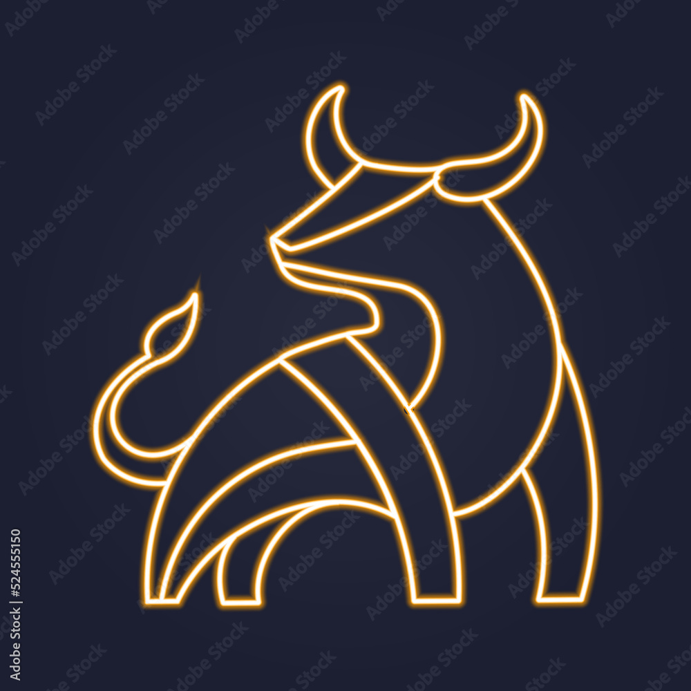 Obraz premium Illustration of a linear neon yellow bull on a dark background. Vector illustration