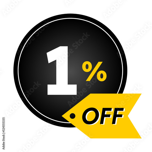 1% off limited special offer. Banner with one percent off in black and yellow circular balloon.