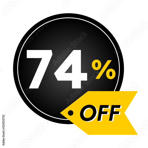 74% off limited special offer. Banner with 74 percent off in black and yellow circular balloon.
