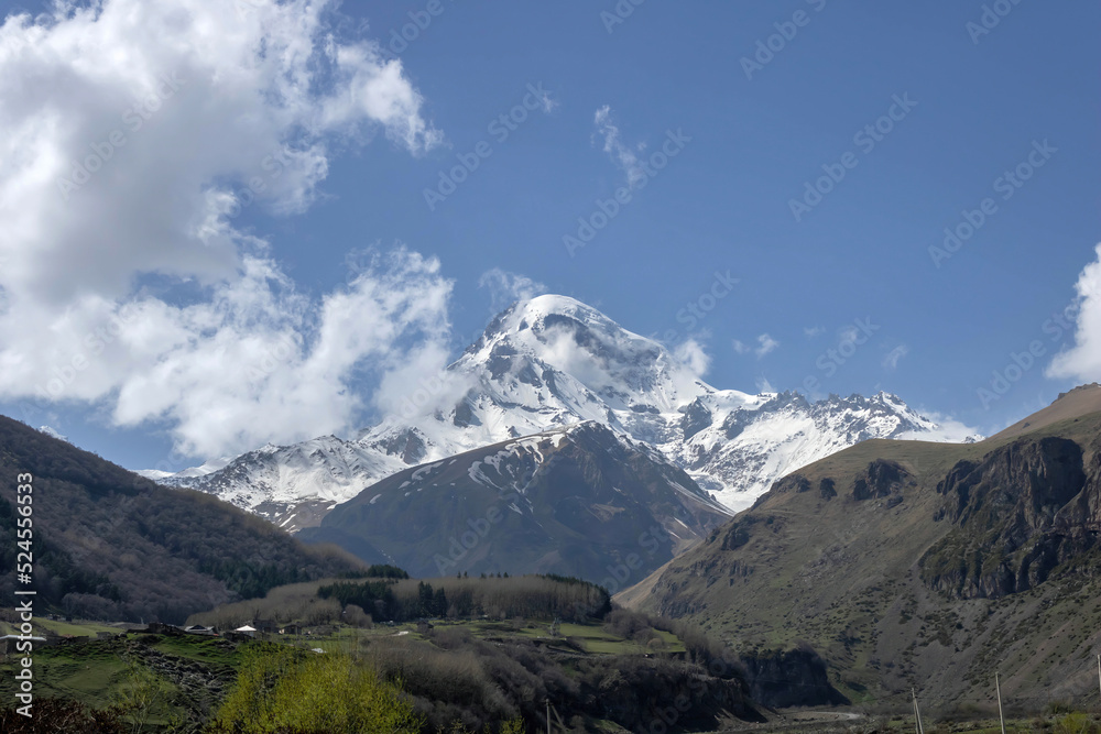 Mount Kazbek or Mount Kazbegi on a sunny clear day