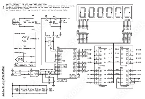 Vector electrical diagram of a temperature measuring device operating under the control of a PIC microcontroller.