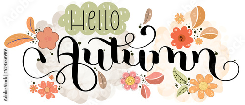 Hello AUTUMN. Autumn background vector with flowers and leaves. Illustration Autumn season