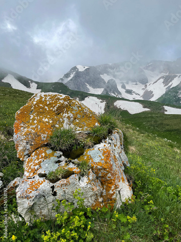 Wonderful alpine scenery with great rocks and mountains in dense low clouds. Atmospheric highlands landscape with mountain tops above clouds. Beautiful view to snow mountain peaks over thick clouds