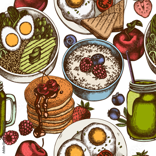 Breakfast seamless pattern background design. Engraved style. Hand drawn pancakes, bowl with avocado, porridge with berries, fried eggs, raspberry, blueberry, strawberry, apples, smothie jars.