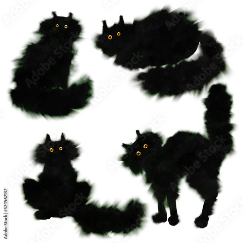 Quadro em tela Black cat illustration set sitting, side, front, scared, bristle