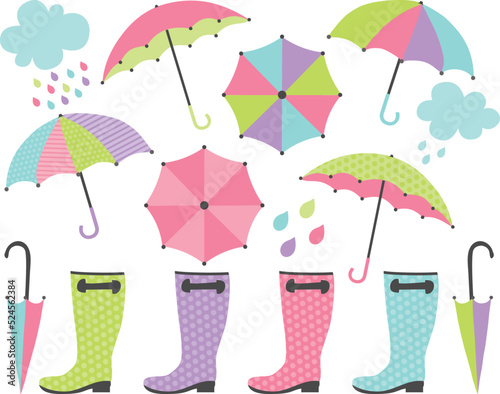 Pink April Showers, Rainy Day, Rain Boots, Umbrellas