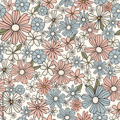 Hand drawn floral seamless pattern with colorful flowers blue and pink on white background. Groovy pattern for textile, paper, print, baby.