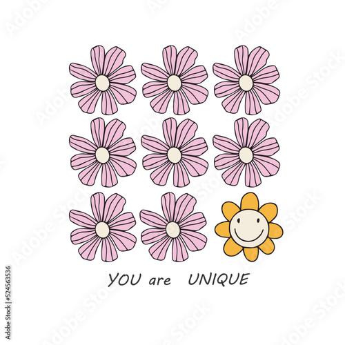 You are unique - hand-drawn quote. Creative lettering illustration with flowers.