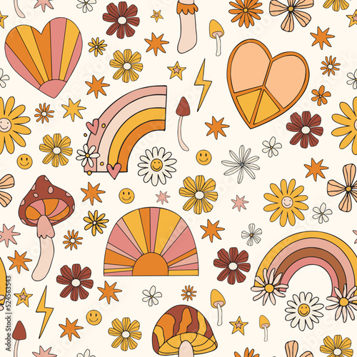 70s Hippie groovy style elements mushroom, rainbow, floral retro pattern background. Orange, brown.. pink, yellow color.