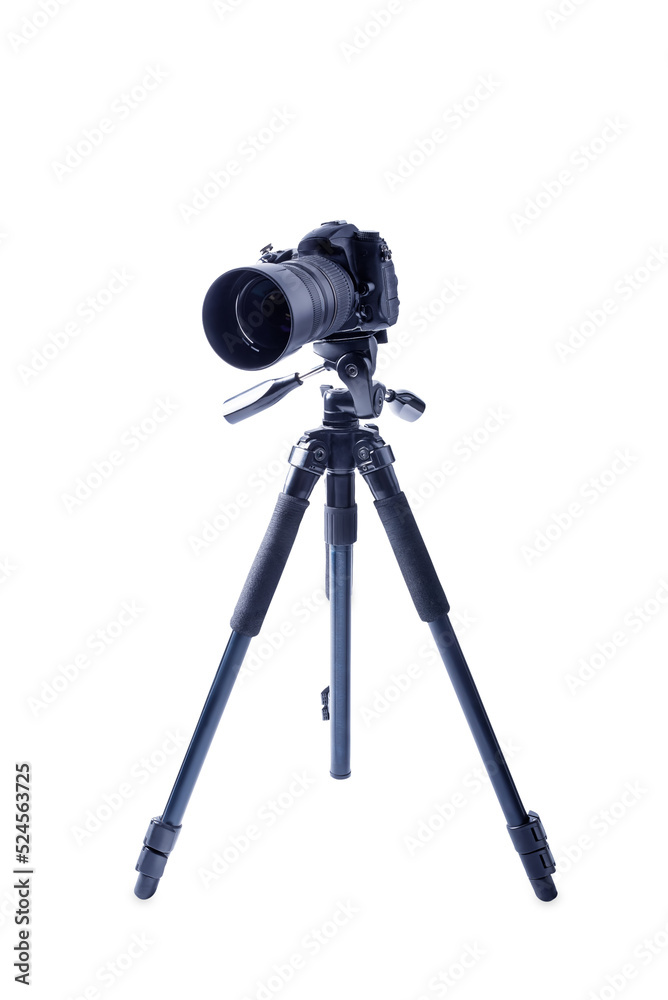 Photo camera on a tripod on a white isolated background Photo camera on a tripod on a white isolated background