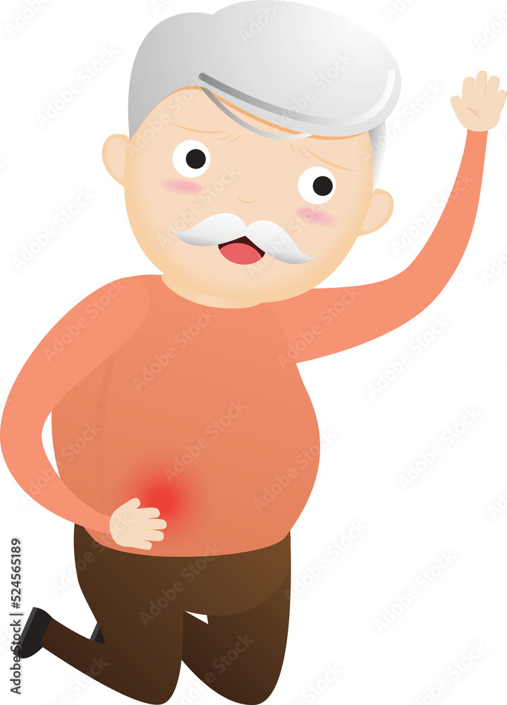 Old man having stomach ache. Old man suffering from stomach painful or Acid Reflux or Heartburn, Gas, Bloating, Belching and flatulence.