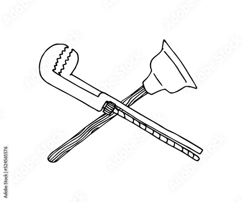 Rubber plunger and adjustable wrench. The emblem of plumbing. Tools for the sewer system. Vector illustration in black ink, isolated on a white background in a doodle and hand drawn style.