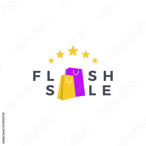 Flash Sale Shopping Poster or banner with Flash icon and text with shopping bag and stars. Flash Sales banner template design for social media and website.Special Offer Flash Sale campaign