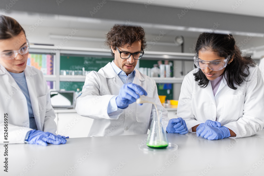 Fototapeta premium science research, work and people concept - international team of scientists with chemicals working in laboratory