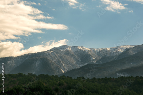 Landscape of Mount Ida with snow and some pine trees on the foreground.
