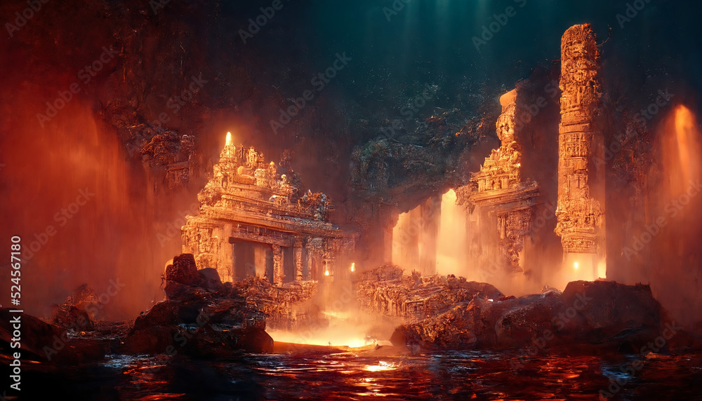 Abstract fantasy landscape, ancient stone temple, neon sunset. 3D illustration.