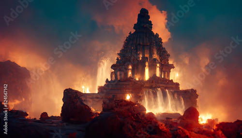 Abstract fantasy landscape, ancient stone temple, neon sunset. 3D illustration.