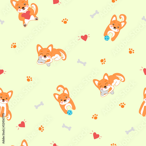 Seamless pattern with Kawaii style Corgi, shiba inu dogs, sitting with heart, playing, eating bone