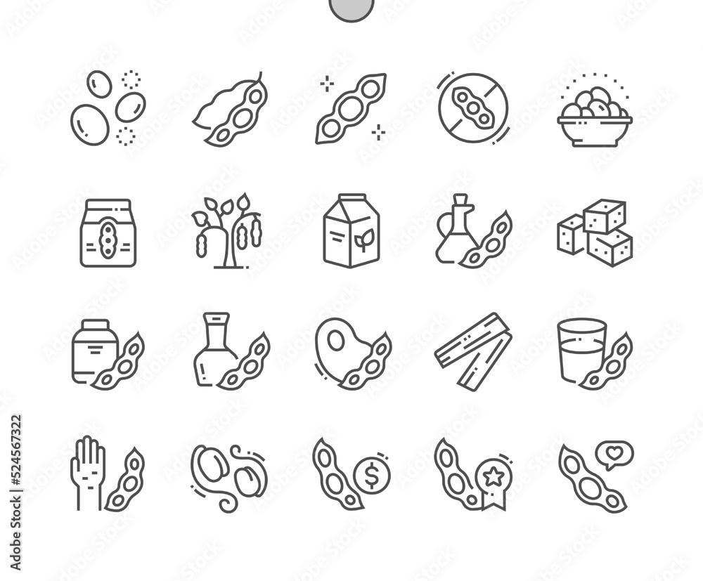 Soy products. Vegan food. Natural meat substitutes. Soy free. Menu for cafe. Pixel Perfect Vector Thin Line Icons. Simple Minimal Pictogram