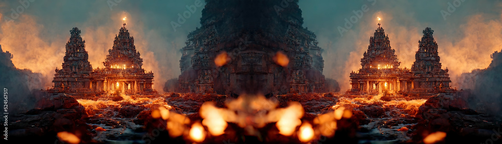 Abstract fantasy landscape, ancient stone temple, neon sunset. 3D illustration. - obrazy, fototapety, plakaty 