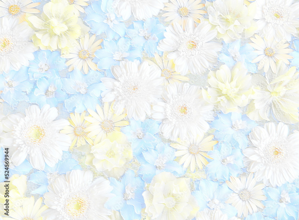 Relief of yellow, blue and white flowers with leaves. Floral backbround. 3D illustration. 3D render
