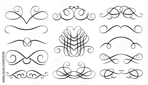 Swirl retro ornament linear set. Vintage flourish ornate border. Victorian style filigree line curl. Decorative design elements for greeting invitation card, labels tags. Text divider, page delimiter