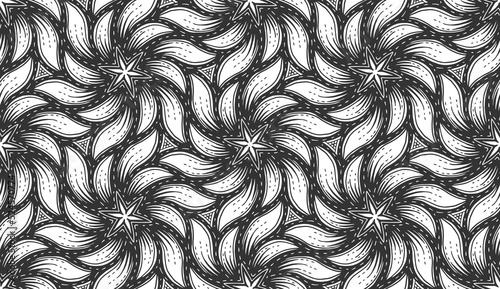 Abstract flower black seamless pattern. Monochrome stylized leaves waves stripes and star ornament. Modern wallpaper texture. Geometric fashion fabric print. Decorative retro wrapping paper design