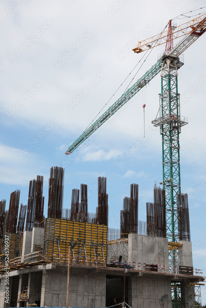 View of construction site with modern tower crane