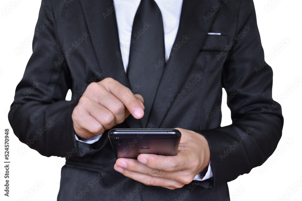 Close-up image of businessman hand holding mobile phone isolated on transparent background - PNG format. Close-up image of businessman hand holding mobile phone isolated on transparent background - PNG format.
