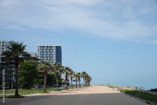 BATUMI  GEORGIA - JUNE 10  2022  Cityscape with modern buildings and palm trees near sea