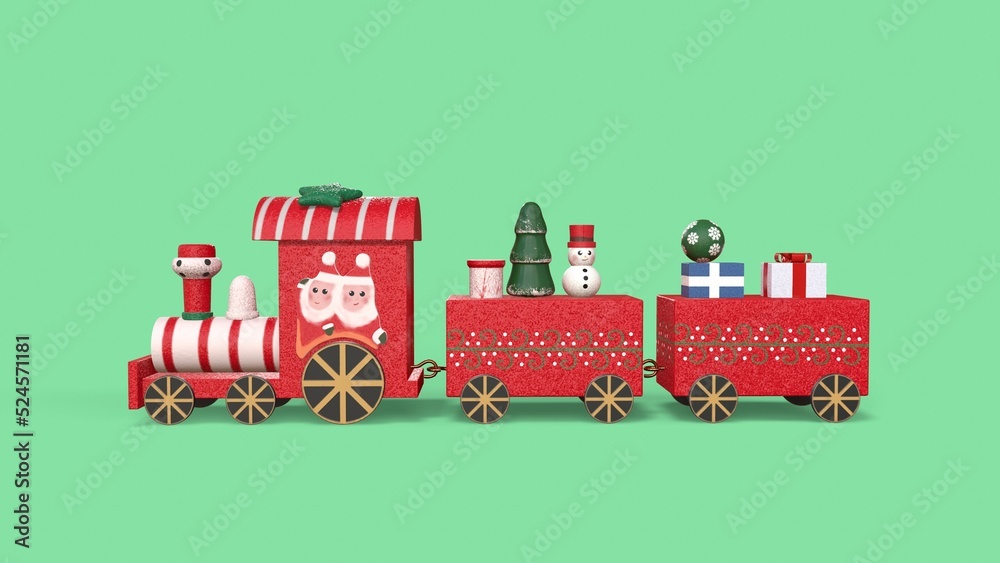 Christmas train with toys and gifts on a green background 3d-rendering