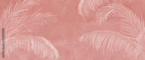 Abstract art background in pink color with tropical palm leaves in white line style. Botanical banner with exotic plants for fabric design, wallpaper, print, decor, packaging.