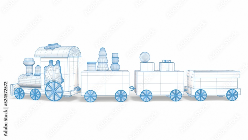 Christmas train wireframe facility on a white background 3d-rendering