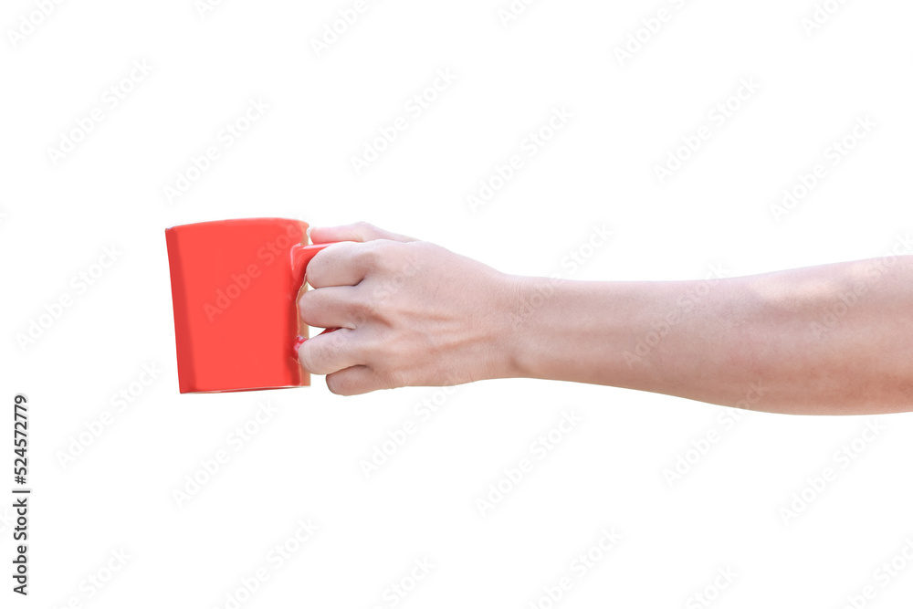 Obraz premium hand holding red cup isolated on transparent background - PNG format.