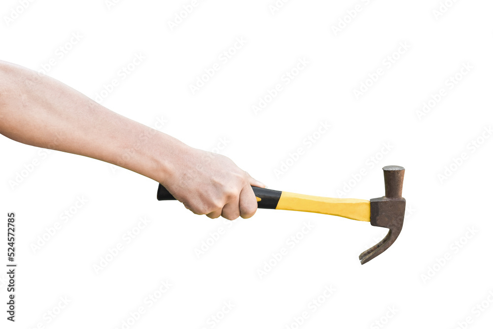 hand holding old rusty hammer isolated on transparent background - PNG format. hand holding old rusty hammer isolated on transparent background - PNG format.