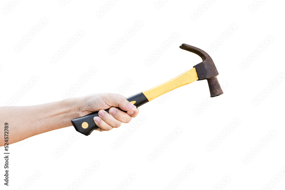 hand holding old rusty hammer isolated on transparent background - PNG format. hand holding old rusty hammer isolated on transparent background - PNG format.