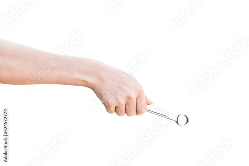Hand holding a spanner isolated on transparent background - PNG format.