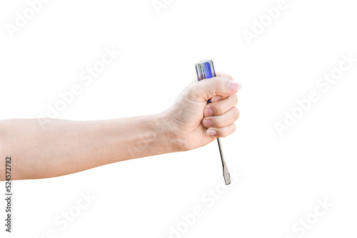 Hand holding screwdriver flat isolated on transparent background - PNG format.