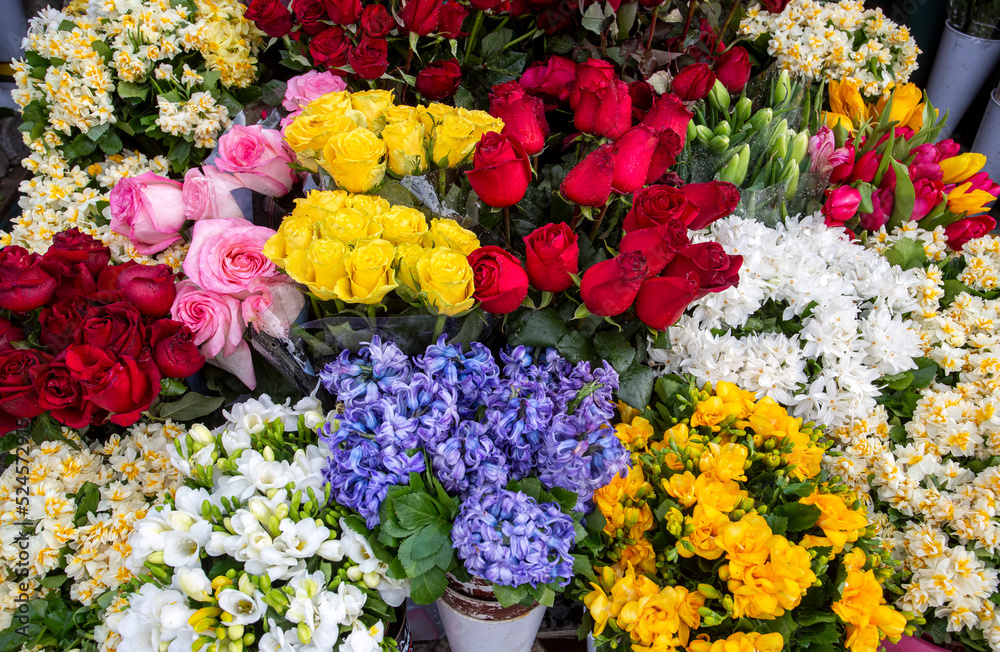 Fototapeta premium Colorful variety of flowers, tulips, roses, florist's bench
